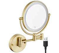 Miroir de Maquillage Mural Rechargeable 8 Pouces avec Éclairage LED Double Face en Laiton Grossissement X10 Rotation à 360° pour La Salle de Bain Et Les Hôtels Finition Or Brossé Écran Tactile