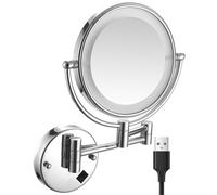 Miroir de Maquillage Mural Rechargeable 8 Pouces avec Éclairage LED Double Face en Laiton Grossissement X10 Rotation à 360° pour Salle de Bain Et Hôtel Couleur Argent Bouton-Poussoir