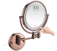 Miroir de maquillage mural rotatif à 360° avec variateur d'intensité tactile avec lumières LED double face Grossissement x5 Miroir de salle de bain pliable en or rose Plug In.