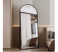 Miroir de maquillage plein pied 180x80 cm, cadre en aluminium noir, forme arquée, sur pied, moderne