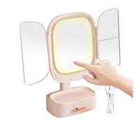 Miroir de maquillage pliable avec lumières, angle réglable LED miroir de courtoisie avec tiroir, miroir cosmétique lumineux avec 3 modes et contrôle tactile pour bureau, salle de bain, chambre à