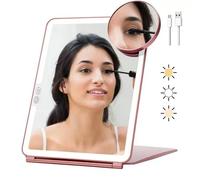 Miroir De Maquillage Pliant Avec Éclairage 3 Couleurs Et Grossissement 10x,Batterie Li Rechargeable De 1500 Mah,Miroir De Voyage Compact Portable.Rose Gold.