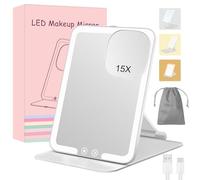 Miroir de Maquillage Rechargeable 15x/1x Grossissant Lumineux Pliable de Voyage, Variable Avec 3 Couleurs, Tactile