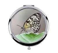 Miroir de Poche en Métal - Papillon Noir, Rouge et Vert Anis sur Fleur Jaune Champêtre Animaux - (Diamètre 70 mm)