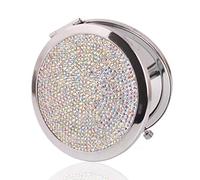 Miroir de poche rond scintillant avec strass compact double face grossissant 2X miroir de poche portable pour femmes et filles