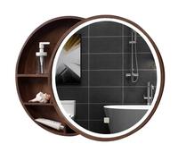 Miroir de Salle Bain, Miroir Mural Rond en Bois Massif avec éclairage LED - 70 cm (27,6 Pouces) Rangement courtoisie élégant et Moderne for Une réflexion optimale(Brown,60cm(24inches))