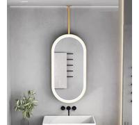 Miroir De Salle Bain Ovale Double Face Monté Au Plafond Avec Lumières LED | Rotatif à 360°, éclairage 3 couleurs, luminosité réglable, tige de suspension en métal personnalisable.(Gold,50x100cm)