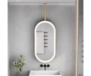 Miroir De Salle Bain Ovale Double Face Monté Au Plafond Avec Lumières LED | Rotatif à 360°, éclairage 3 couleurs, luminosité réglable, tige de suspension en métal personnalisable.(Gold,40x90cm)