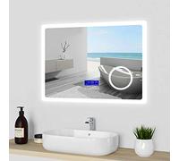 Miroir de Salle de Bain 80cmx60cm Multifonctionnel avec LED Bicolore + Anti-buée + Panneau LCD (Tactile, Haut-Parleurs Bluetooth, Horloge, Date, Température) + Miroir grossissant IP44