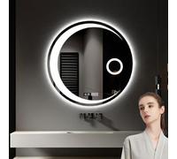 Miroir de salle de bain à DEL à intensité variable - Miroir mural circulaire anti-buée rond de 60 cm avec toucher intelligent, éclairage 3 couleurs et affichage de l'heure pour coiffeuse, chambre à