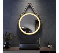 Miroir de salle de bain à LED, 3 couleurs à intensité variable, miroir rond anti-buée, miroir de courtoisie à suspendre au plafond ou au mur avec sangle en cuir