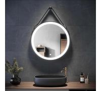 Miroir de salle de bain à LED, 3 couleurs à intensité variable, miroir rond anti-buée, miroir de courtoisie à suspendre au plafond ou au mur avec sangle en cuir