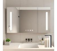Miroir de salle de bain à LED avec rangement, miroir de courtoisie à intensité variable avec affichage de l'heure et de la température, miroir de salle de bain moderne avec lumières pour maquillage et