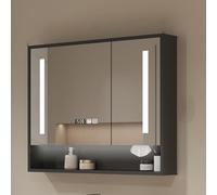 Miroir de salle de bain avec rangement et éclairage LED, miroir de courtoisie mural avec affichage de l'heure et fonction anti-buée