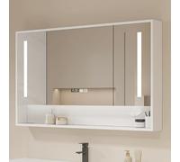 Miroir de salle de bain avec rangement et éclairage LED, miroir de courtoisie mural avec affichage de l'heure et fonction anti-buée