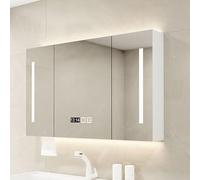 Miroir de salle de bain étroit à fixer au mur avec rangement, désembueur intelligent, intensité variable en continu, éclairage 3 tons, affichage de l'heure et de la température, parfait pour les