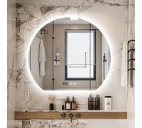 Miroir de salle de bain intelligent à DEL - Design moderne en demi-cercle, rétroéclairé et anti-buée, 3 couleurs à intensité variable, miroir mural sans cadre avec affichage de l'heure et de la