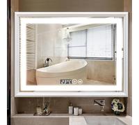 Miroir de salle de bain intelligent à LED - Cadre en bois massif avec éclairage 3 couleurs anti-buée Rétroéclairé Miroir de courtoisie mural pour salle de bain moderne élégant et fonctionnel.