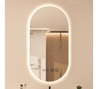 Miroir de salle de bain intelligent à LED ovale avec lumières 3 couleurs à intensité variable, miroir de maquillage anti-buée incassable avec affichage de l'heure et de la température, design sans