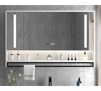 Miroir de salle de bain intelligent LED avec rangement, armoire à pharmacie murale, désembueur et miroir de maquillage à intensité variable, affichage de l'heure pour un confort ultime