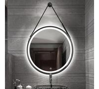 Miroir de salle de bain LED avec intensité variable 3 températures de couleur Miroir de maquillage rond éclairé mural avec sangle en cuir Fonction mémoire anti-buée pour une utilisation facile
