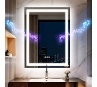 Miroir de salle de bain LED avec lumières 50x70cm, double haut-parleur Bluetooth, anti-buée, 3 températures de couleur, luminosité à intensité variable, fonction mémoire, étanche, support mural, verre