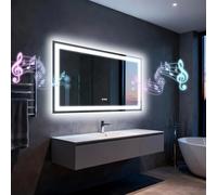 Miroir de salle de bain LED avec lumières120x70cm, double haut-parleur Bluetooth, anti-buée, 3 températures de couleur, luminosité à intensité variable, fonction mémoire, étanche, support mural, verre