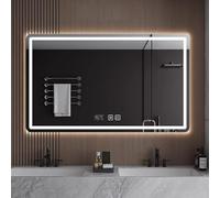 Miroir de salle de bain LED intelligent à intensité variable - Miroir mural tricolore avec antibuée, rétroéclairé, affichage de l'heure et de la température pour un maquillage impeccable à chaque fois
