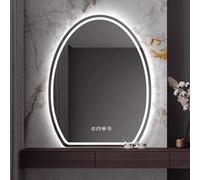 Miroir de salle de bain LED tricolore à intensité variable - Miroir de courtoisie mural semi-ovale avec antipeluches, affichage de l'heure et de la température pour salles de bains modernes