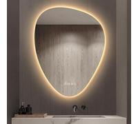 Miroir de salle de bain moderne à LED en forme de goutte, anti-buée, à intensité variable, miroir de courtoisie rétroéclairé 3 couleurs avec affichage de l'heure et de la température, design sans