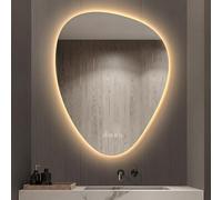 Miroir de salle de bain moderne à LED irrégulière en forme de goutte Miroir de courtoisie rétroéclairé à intensité variable avec film anti-buée sans cadre Affichage de l'heure et de la température