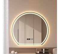 Miroir de salle de bain moderne sans cadre LED rétroéclairé avec 3 couleurs à intensité variable, film anti-buée, affichage de l'heure et de la température, design irrégulier (70 x 59 cm)