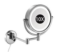 Miroir de salle de bain mural 8,5 po avec éclairage, miroir cosmétique grossissant double face, miroir de maquillage chromé à DEL pivotant à 360° et pliable, grossissement 7x, câblé/13(10x,Plug In)