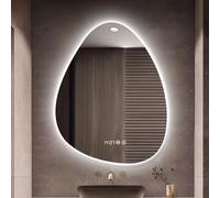 Miroir de salle de bain mural intelligent en forme de goutte d'eau avec désembuage, design, affichage de l'heure et de la température, éclairage LED 3 couleurs, miroir de courtoisie de forme