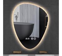 Miroir de salle de bain mural rétroéclairé à DEL incassable 3 couleurs à intensité variable et anti-buée avec affichage de l'heure et de la température, design moderne (70 x 90 cm)