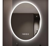Miroir de salle de bain ovale moderne à LED avec lumières miroir de maquillage intelligent anti-buée rétroéclairé à intensité variable 3 couleurs incassable avec affichage de l'heure et de la