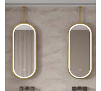 Miroir de Salle de Bain Ovale Moderne à LED, fixé au Plafond, avec Cadre en métal doré, idéal pour Les salles de Bain d'appartements et Les Maisons. Commandes faciles.(50cmx60cm)