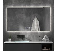 Miroir de salle de bain rectangulaire anti-buée à LED rétroéclairé 3 couleurs à intensité variable et incassable, sans cadre, avec affichage de l'heure et de la température, décoration d'intérieur