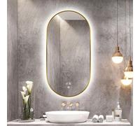 Miroir De Salle De Bain Rétroéclairé LED Ovale Cadre en Alliage D’Aluminium Doré Dimmable Miroir 3 Couleurs Lumière LED Miroir De Maquillage Anti-buée Température Intelligente, 500mmx800mm