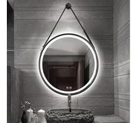 Miroir de salle de bain rond à DEL avec sangle en cuir et contrôle tactile, lumière 3 couleurs, anti-buée, intensité variable, noir, 80 cm - Décoration moderne pour la maison