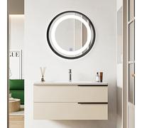 Miroir de salle de bain rond avec bouton tactile réglable et éclairage tricolore avec design ouvert plat et grand espace de rangement pour un accès facile.