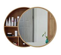 Miroir de salle de bain rond doré avec étagère de rangement en bois massif, 50 cm, design push-pull pour maquillage, décoration élégante et fonctionnelle pour n'importe quelle pièce
