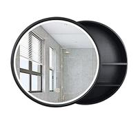 Miroir de salle de bain rond éclairé en bois pour chambre à coucher avec rangement Miroir de maquillage rond avec lumière LED Design élégant et fonctionnel