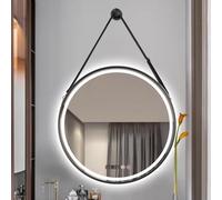 Miroir de salle de bain rond intelligent - Miroir mural à DEL avec éclairage 3 couleurs, fonction anti-buée, cadre en alliage d'aluminium, affichage de l'heure et de la température pour salles de