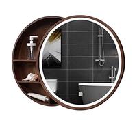 Miroir de salle de bain rond LED en bois pour chambre à coucher avec rangement Miroir de maquillage rond avec lumière élégante et fonctionnelle Décoration d'intérieur