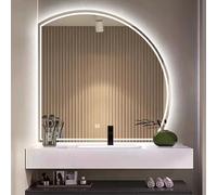 Miroir de salle de bain semi-circulaire à DEL à intensité variable avec désembuage Grand miroir de maquillage demi-cercle haute définition finition argentée Éclairage 3 couleurs Coupe gauche Parfait