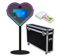 Miroir en forme de cœur avec lumière RVB et cadre LED portable de 54,6 cm pour fête, événement, mariage (noir, cabine photo + mini imprimante)
