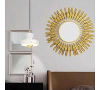 Miroir en Forme de Soleil Doré, Miroir Mural Rond à Aspect Plume de 31" Miroir Accent Décoratif Boho à Éclats de Soleil pour Chambre à Coucher Salon Entrée