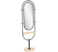 HOMCOM Miroir sur Pied Ovale, Grand Miroir avec Plateau en Bois, 4 Crochets et Cadre en métal, pour Chambre à Coucher Salon et Dressing, 50 x 40 x 175,5 cm, Noir