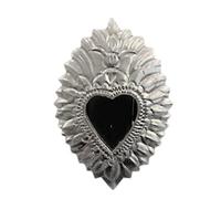 Miroir Ex-voto Mexicain en Métal argenté, Coeur Sacré, 10 x 15 cm, Décoration Murale Coeur orné d'une Flamme. Système d'accroche prévu sur l'arrière.